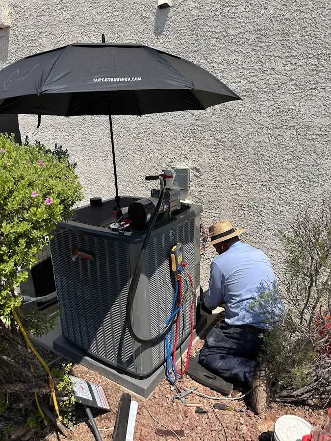 HVAC technician performing outdoor AC maintenance in Des Plaines